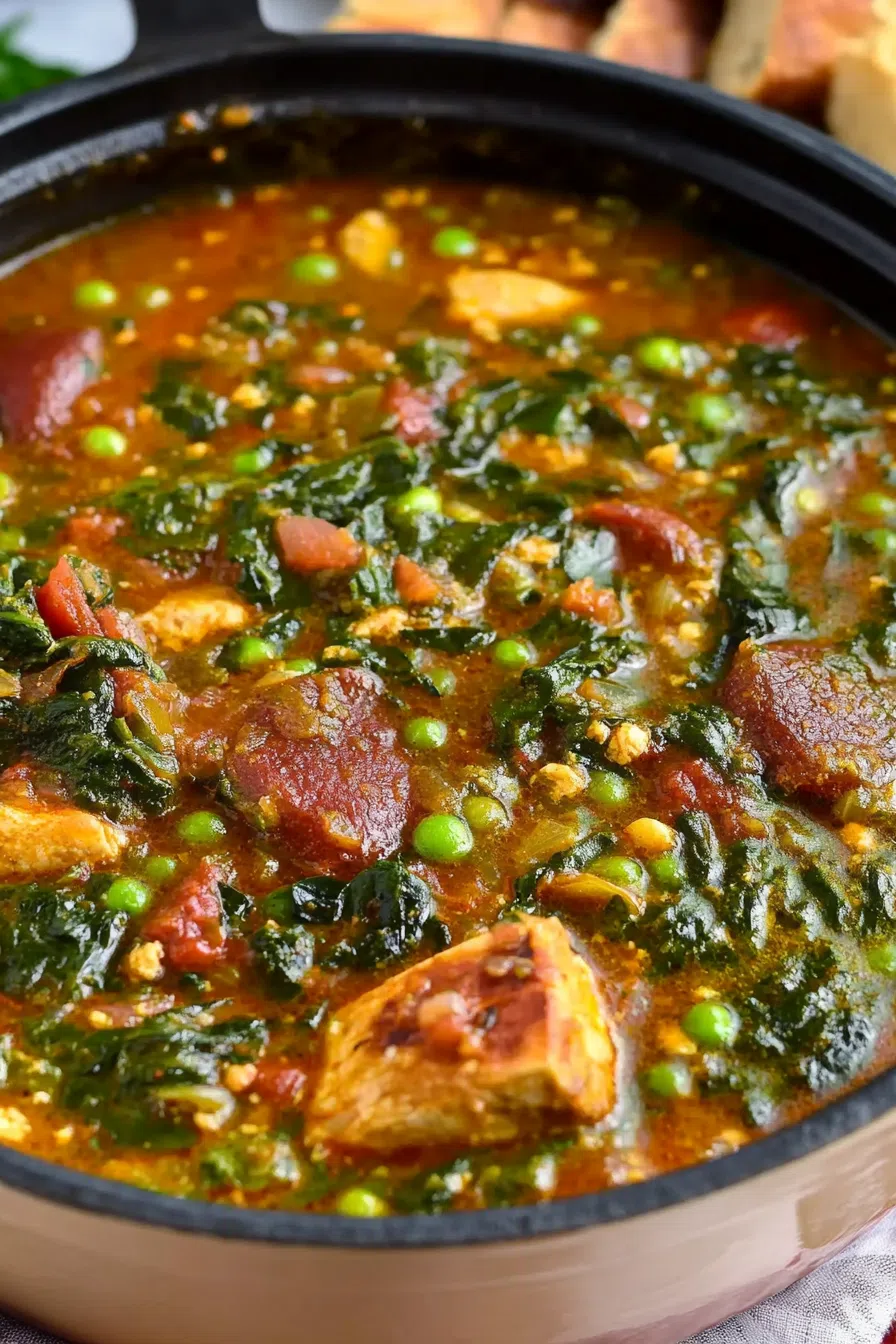 Close-up of Okro Soup highlighting the rich, green broth and tender meat pieces.