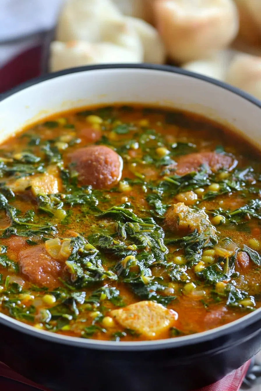 Hearty Okro Soup with a side of fufu, showcasing the dish's texture and ingredients.