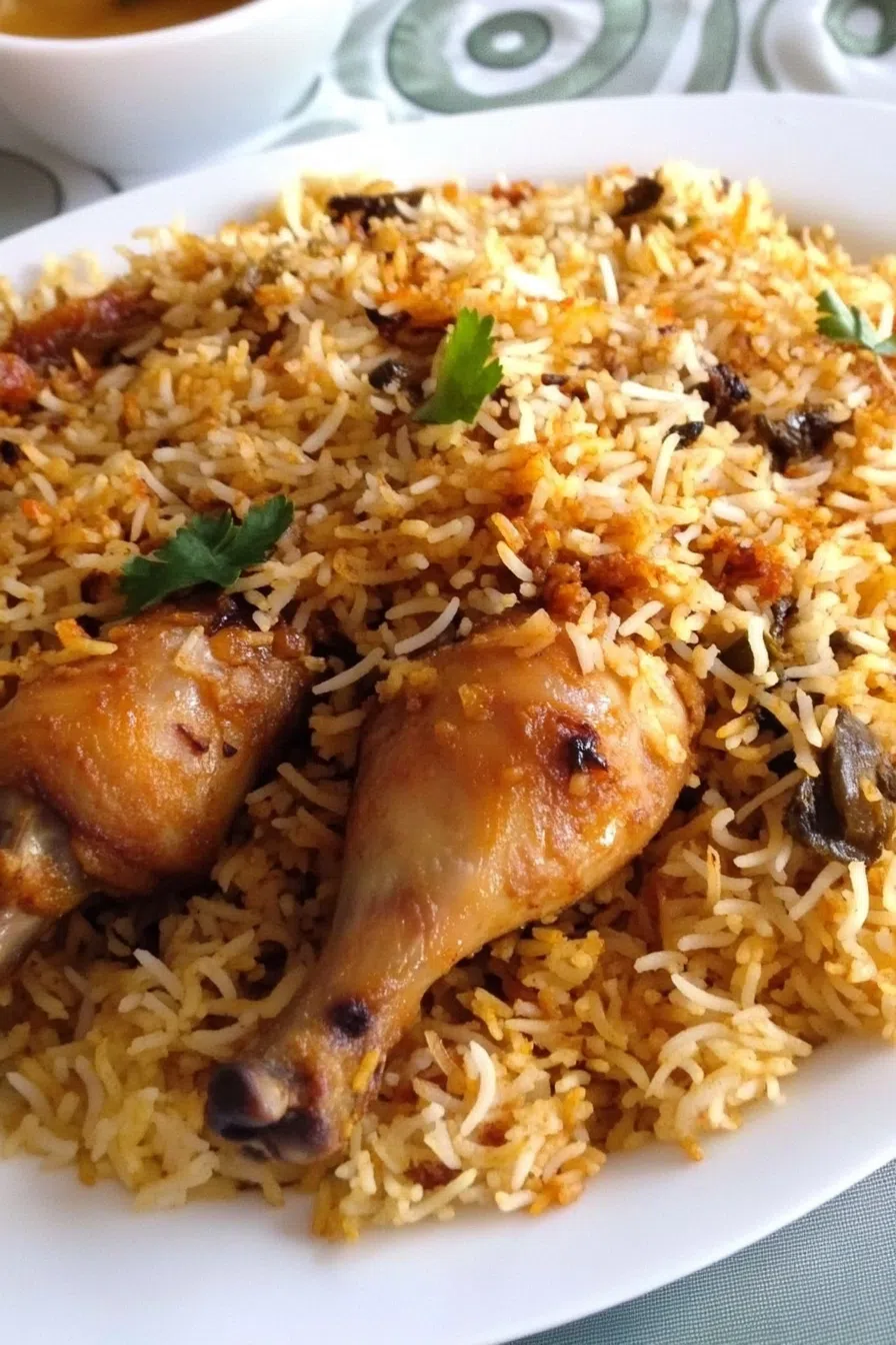 Close-up of a plate of Hyderabadi Chicken Biryani, showcasing the vibrant yellow rice mixed with tender chicken pieces and aromatic spices.