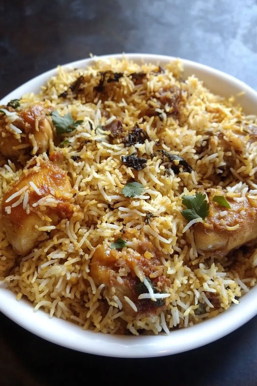 A serving dish filled with layered rice and chicken, garnished with saffron and mint.