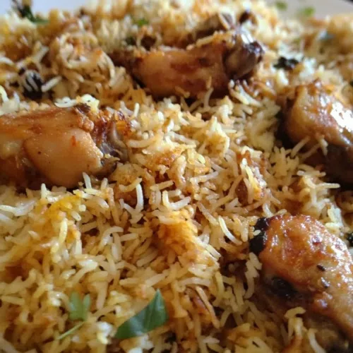 A beautifully plated meal with basmati rice, tender chicken, and a side of raita.