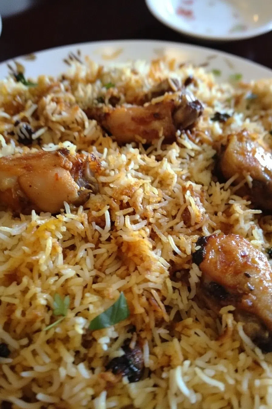 A beautifully plated meal with basmati rice, tender chicken, and a side of raita.