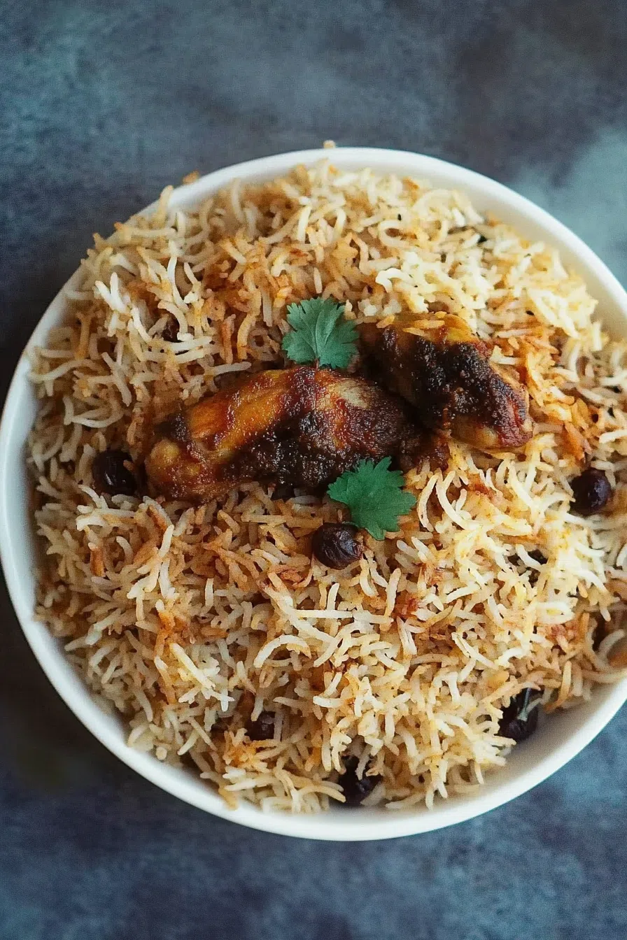 A steaming bowl of aromatic rice with tender, spiced chicken pieces.