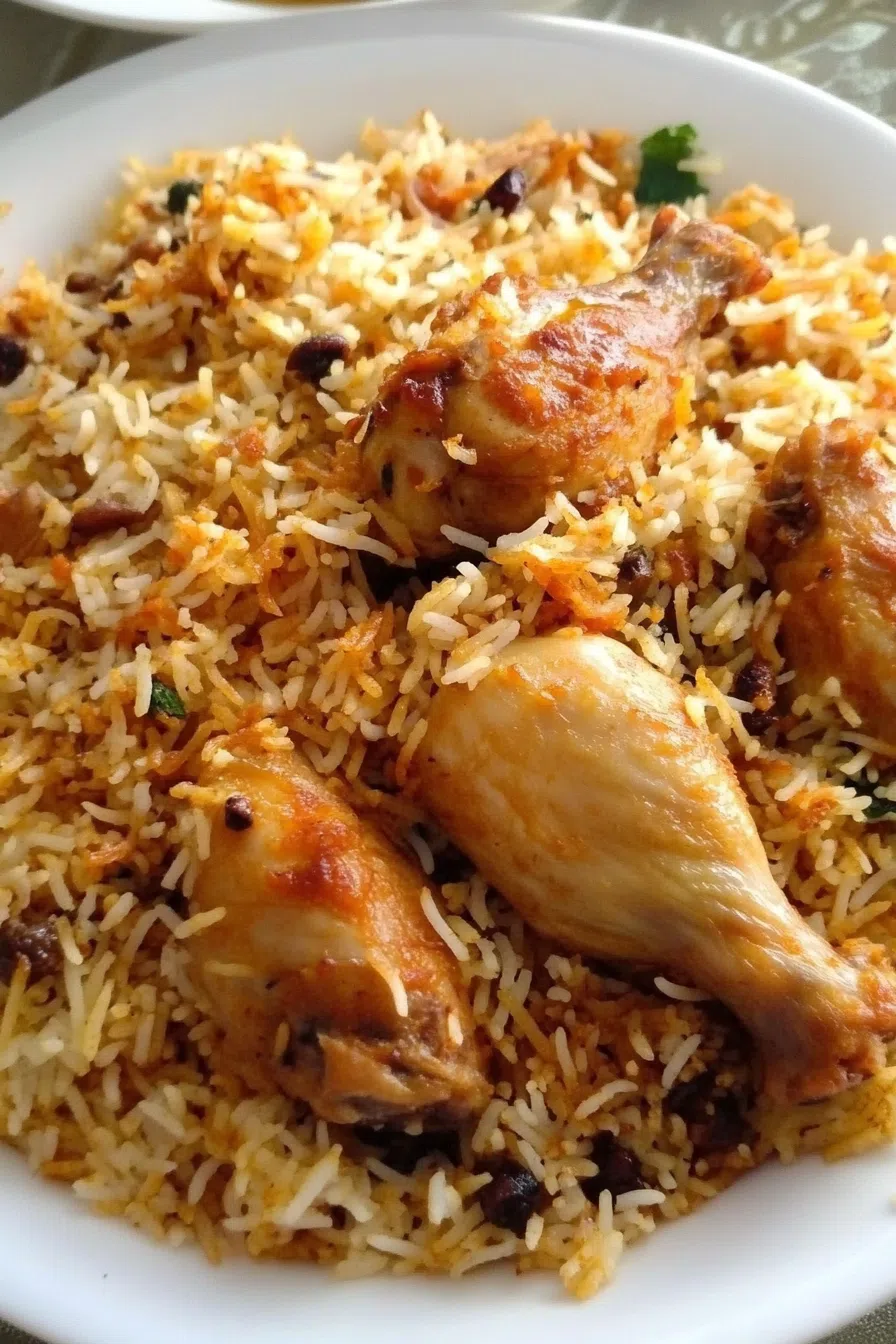 A bowl of steaming hot Hyderabadi Chicken Biryani, topped with crispy fried onions and served with a side of raita.