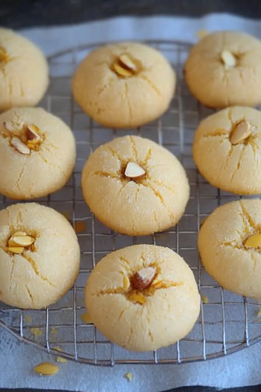 A batch of cookies cooling on a wire rack, with a warm, buttery aroma.