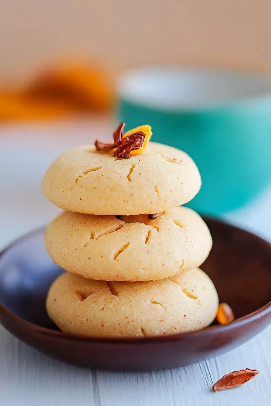 Close-up of a Nankhatai cookie, showing its crumbly texture and sprinkled sugar on top.