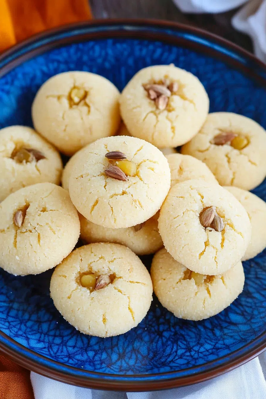 A plate of golden-brown Nankhatai cookies, garnished with chopped pistachios and almonds.