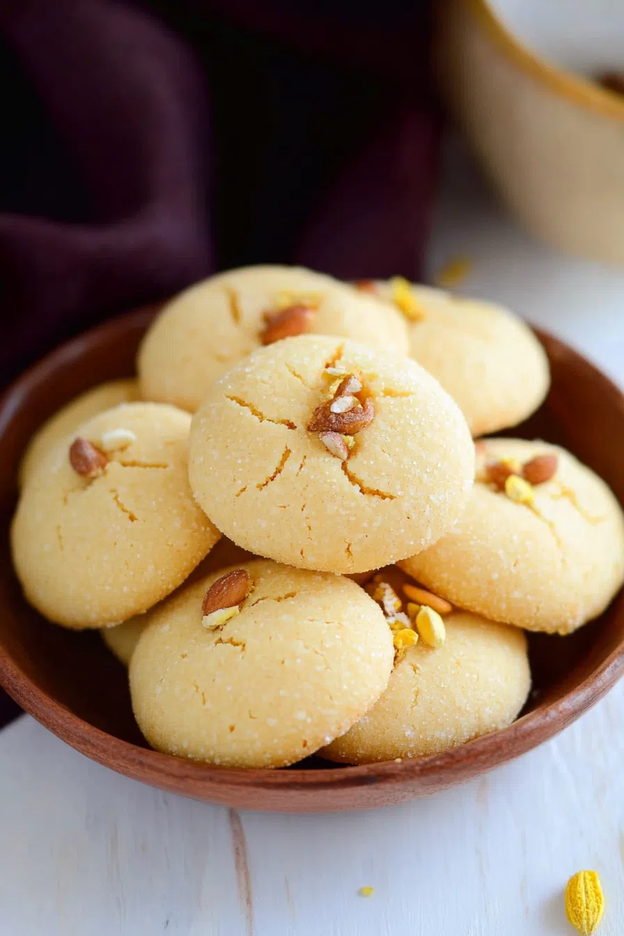 A serving platter with a stack of Nankhatai cookies, garnished with saffron strands and cardamom pods.