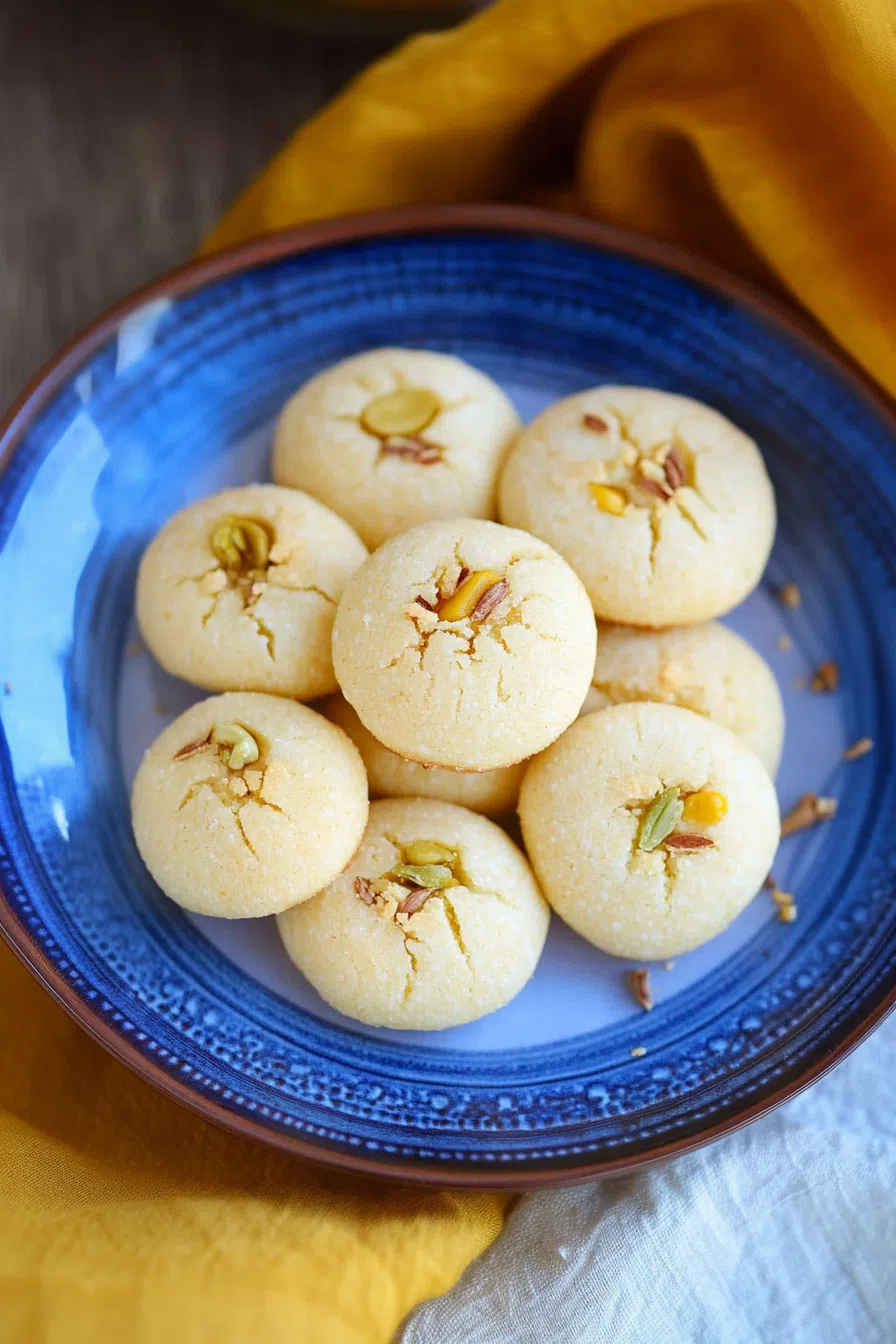 Top-down view of a batch of Nankhatai cookies on a cooling rack, with a few cookies broken open to reveal the soft inside.