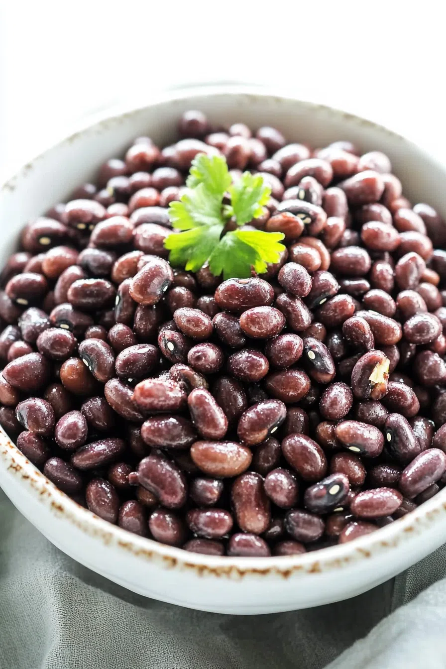 Close-up of a spoonful of adzuki beans showcasing their rich color and tender texture.