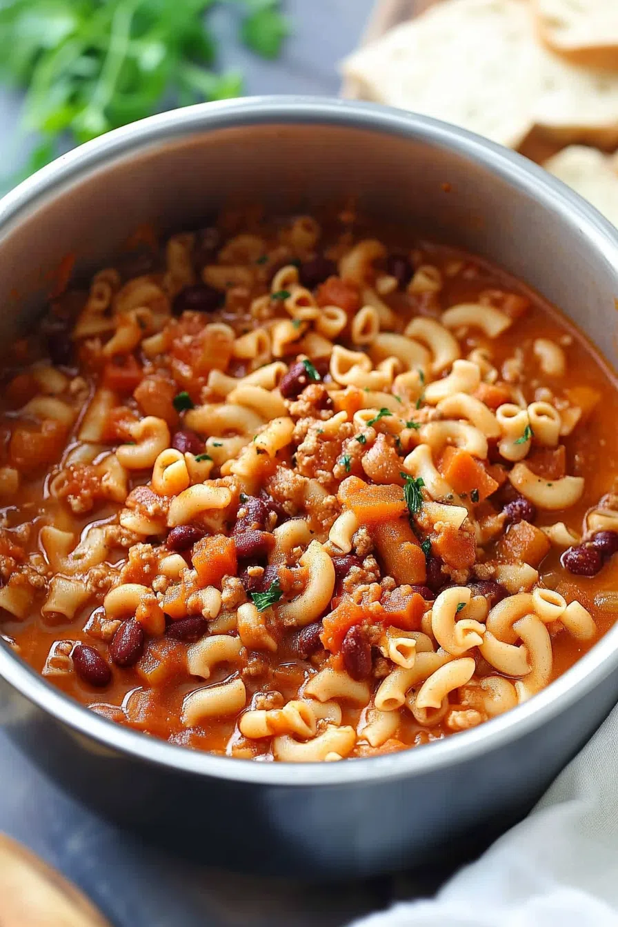 A beautifully presented bowl of Pasta Fagioli soup with a side of crusty bread.