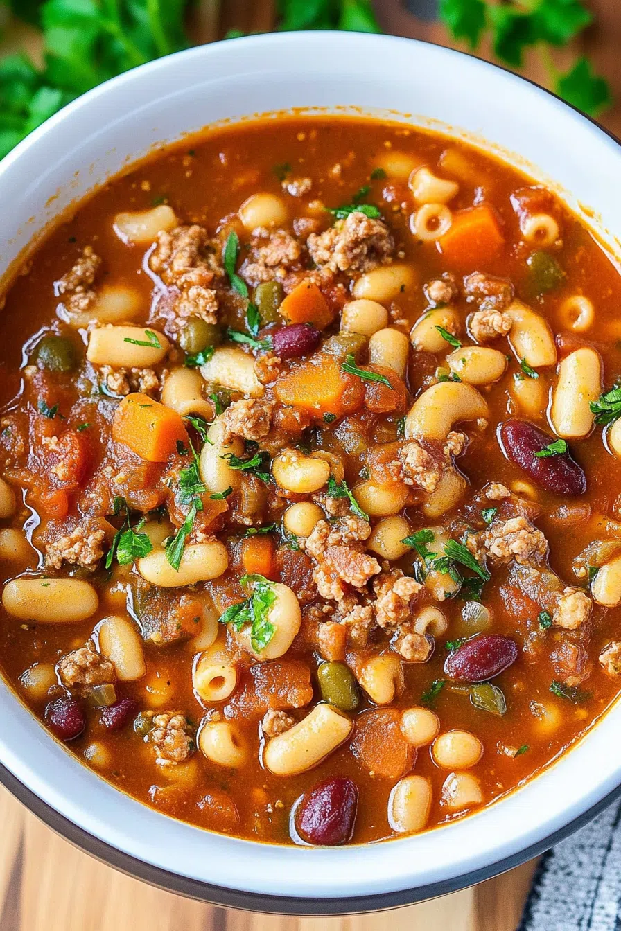 Close-up of a vibrant bowl of Pasta Fagioli, showcasing beans, pasta, and vegetables.