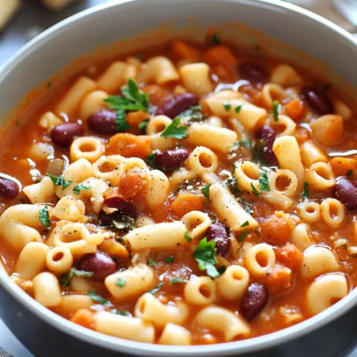 A steaming bowl of hearty Pasta Fagioli soup, garnished with fresh herbs.