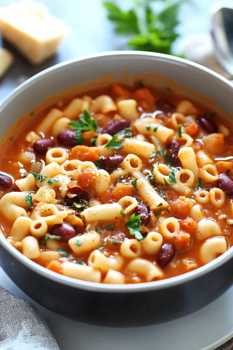 A steaming bowl of hearty Pasta Fagioli soup, garnished with fresh herbs.