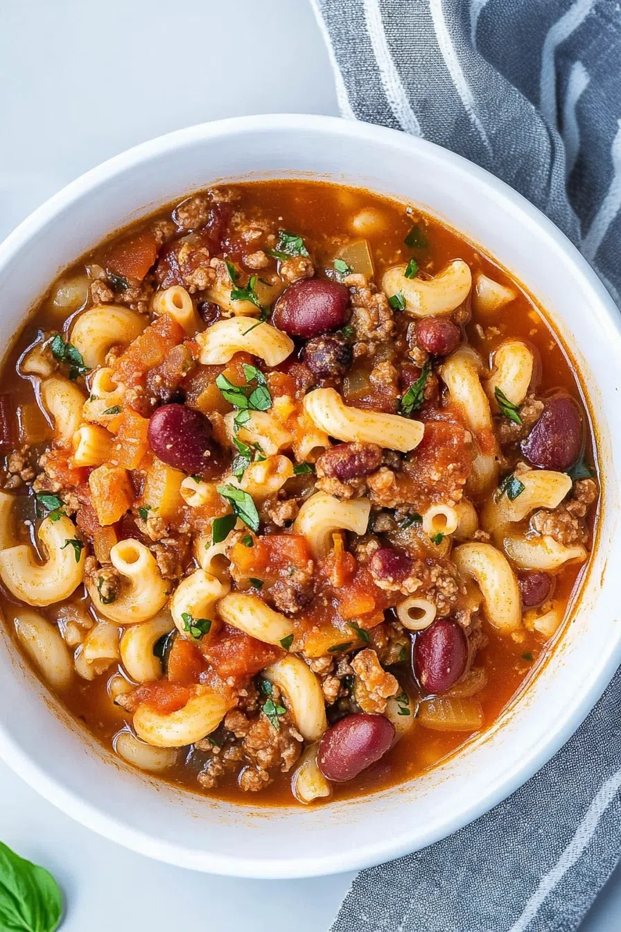 Top view of a delicious serving of Pasta Fagioli soup, ready to eat.
