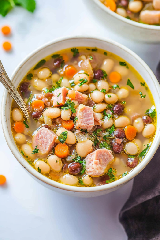A bowl of hearty Senate Bean Soup garnished with fresh parsley.