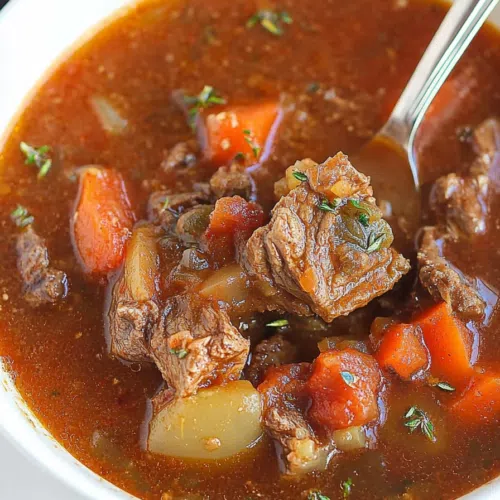 A spoon dipping into a bowl of venison stew, showing the thick, flavorful broth.