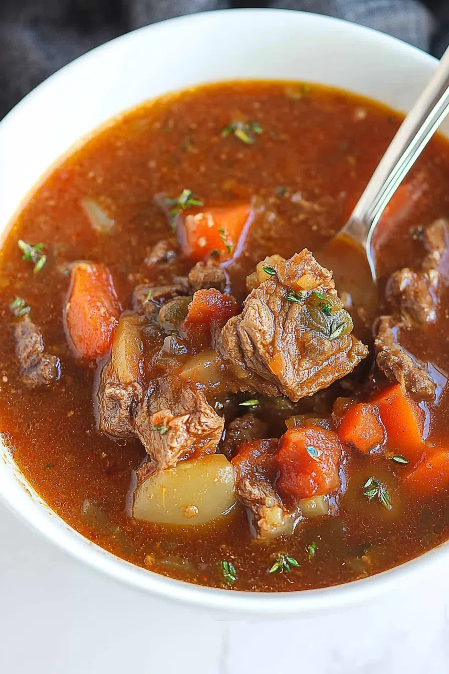 A spoon dipping into a bowl of venison stew, showing the thick, flavorful broth.