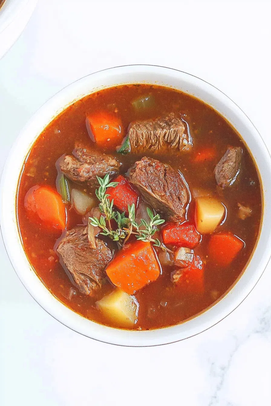Top view of a steaming bowl of venison stew, perfect for a cozy meal.
