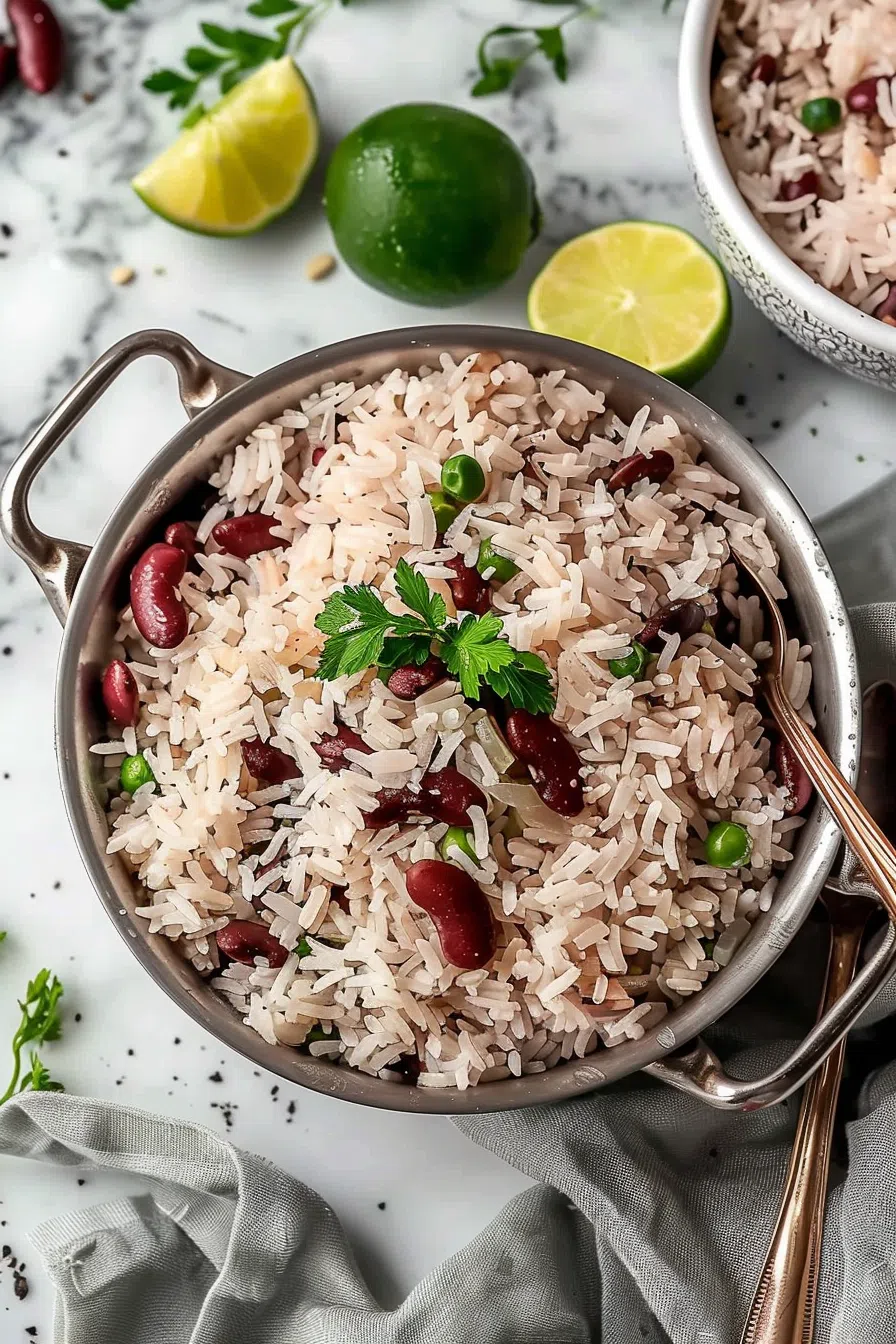 A steaming bowl of fluffy white rice mixed with red kidney beans, garnished with fresh parsley and surrounded by lime wedges.