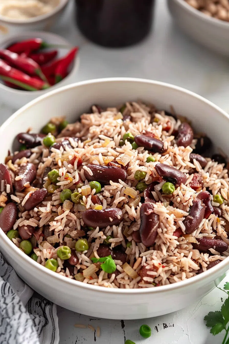 A beautifully plated serving of Jamaican rice and peas, with visible grains of rice and beans, set against a rustic backdrop.