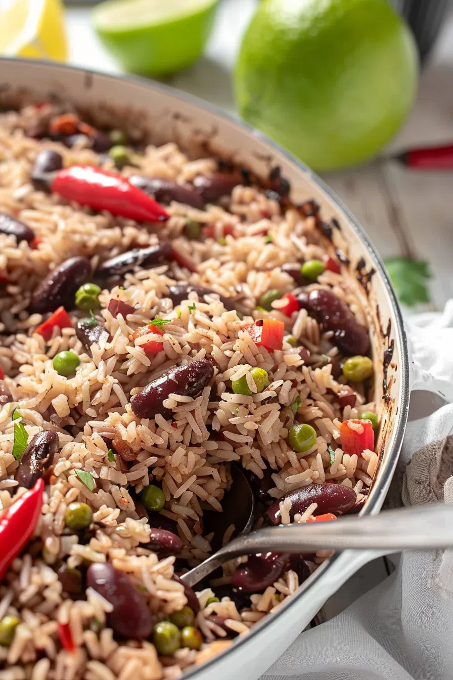 A skillet filled with perfectly cooked rice and peas, accented by bright red chili peppers and fresh herbs.
