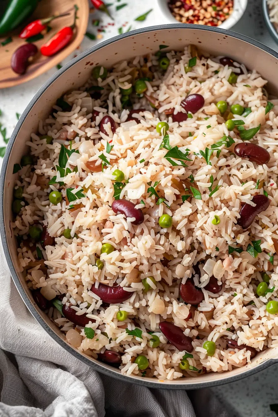 Close-up of a vibrant pot of rice and peas, with hints of red peppers, green peas, and red beans shining through.