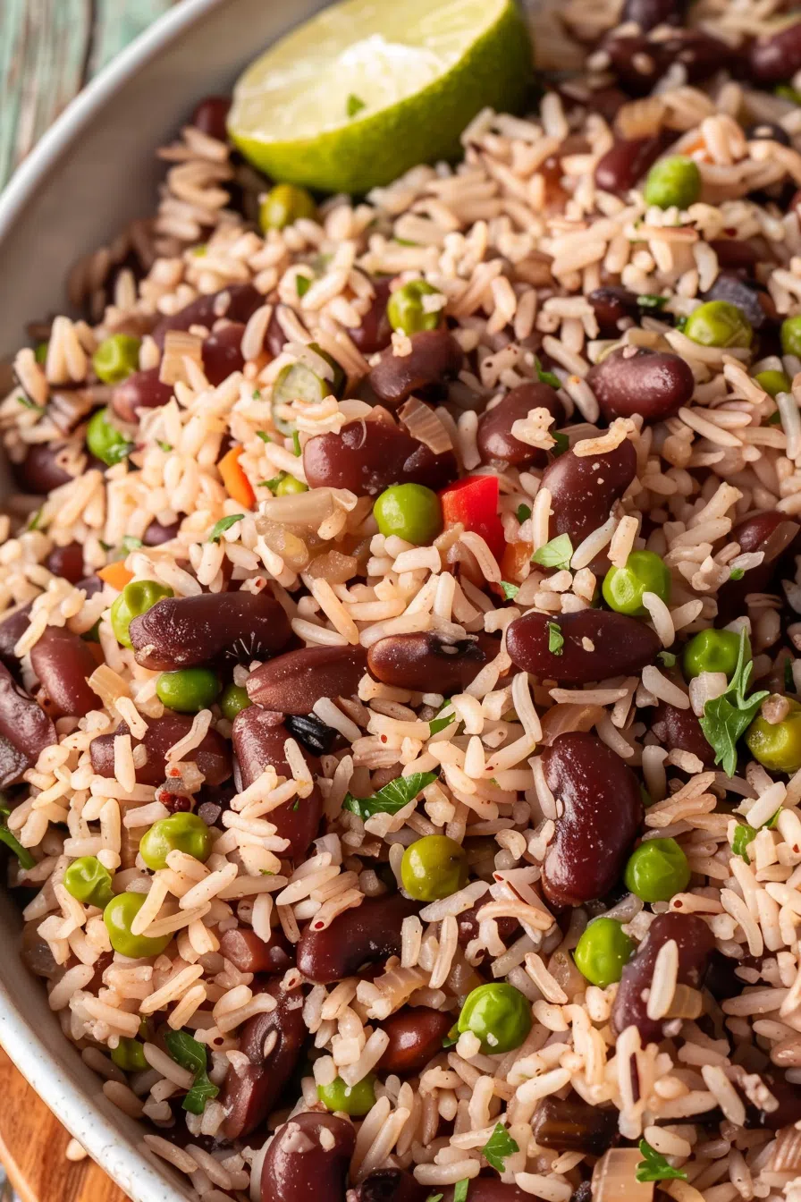 A bowl of fragrant Jamaican rice and peas, topped with parsley and paired with lime slices for an authentic presentation.