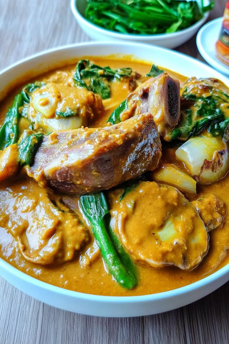 Close-up of a creamy, golden-brown sauce covering slow-cooked meat.