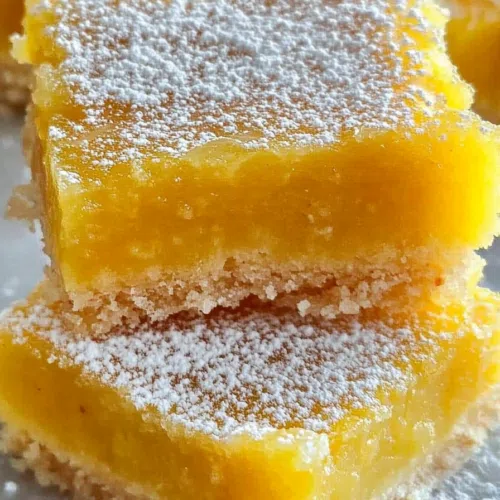 Close-up of vibrant lilikoi bars with a sprinkle of powdered sugar on top, set against a rustic wooden background.