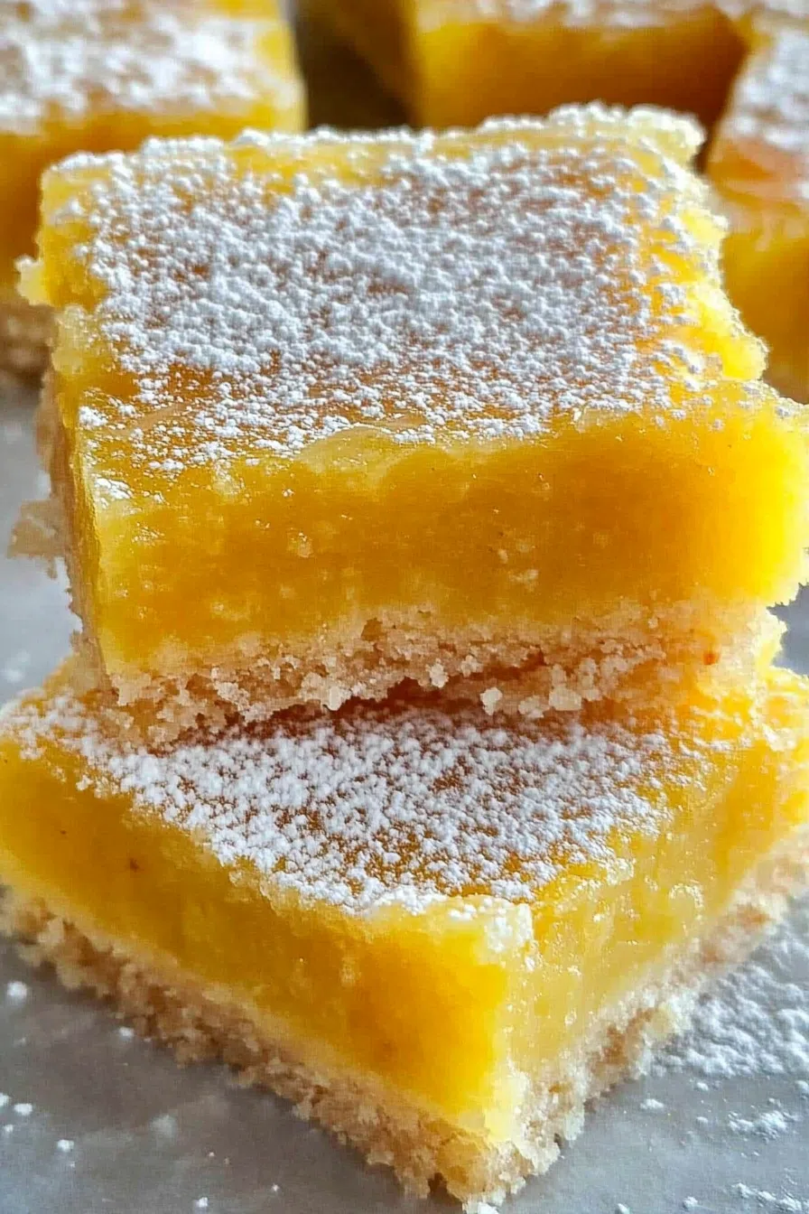 Close-up of vibrant lilikoi bars with a sprinkle of powdered sugar on top, set against a rustic wooden background.
