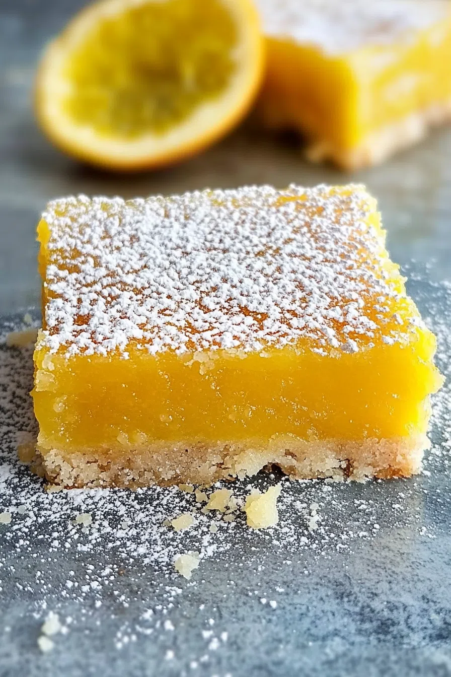 Golden passion fruit bars with a dusting of powdered sugar.