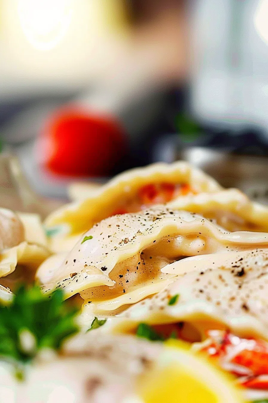 A serving of lobster ravioli topped with a velvety sauce, showcasing a hint of seafood and a sprinkle of parsley.