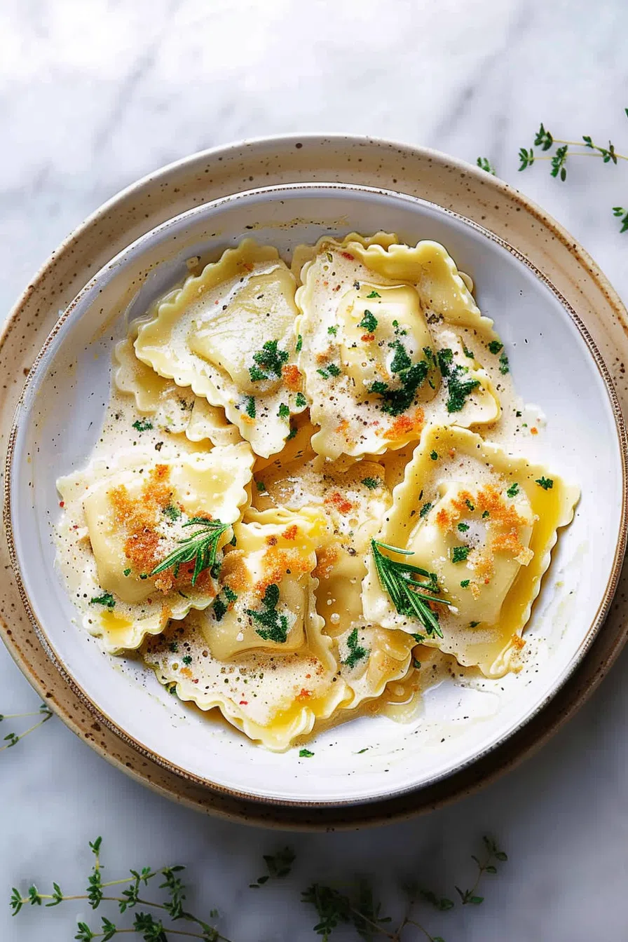 Flat lay of lobster ravioli on a ceramic plate, drizzled with a rich cream sauce and finished with breadcrumbs.