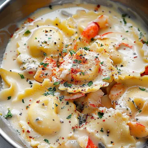Creamy lobster ravioli in a skillet, garnished with fresh herbs and paprika for a vibrant presentation.