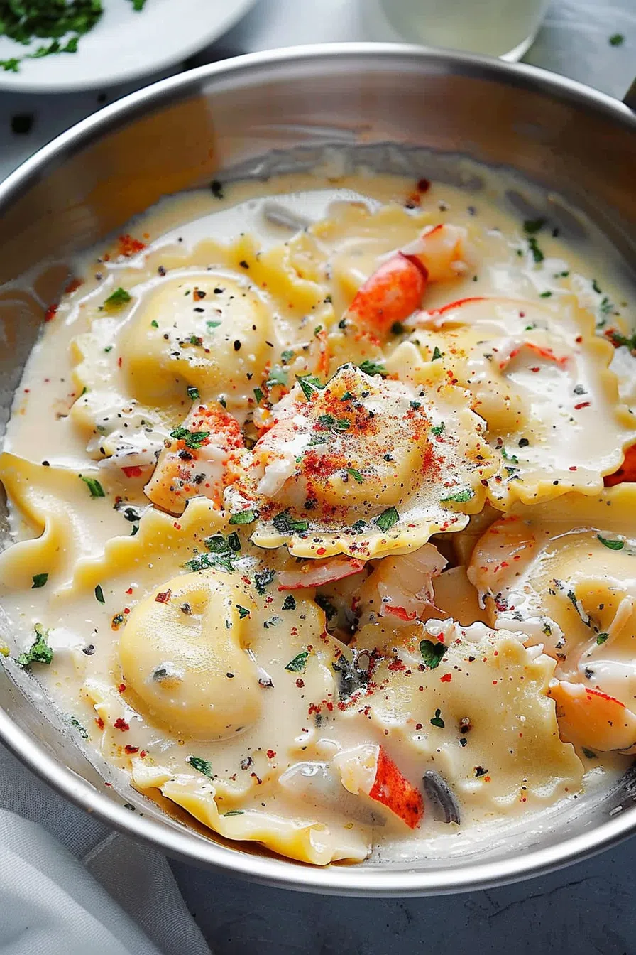 Creamy lobster ravioli in a skillet, garnished with fresh herbs and paprika for a vibrant presentation.