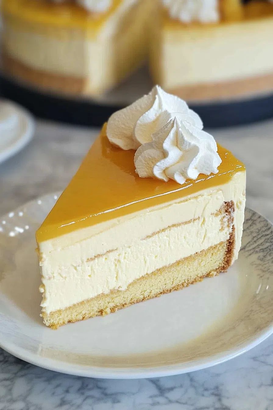 A slice of mango mousse cake on a plate, showcasing the smooth and creamy mango layer.