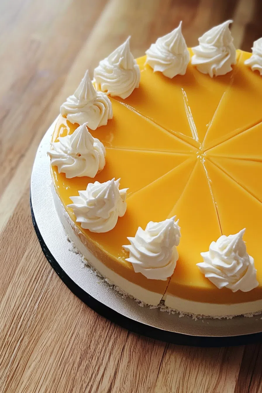 Top-down view of a whole mango mousse cake, with a glossy mango glaze and fresh mint leaves.