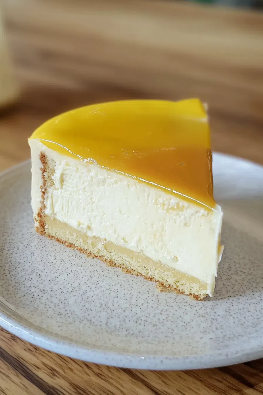 Side view of the mango mousse cake, showcasing the distinct layers of mousse and base.