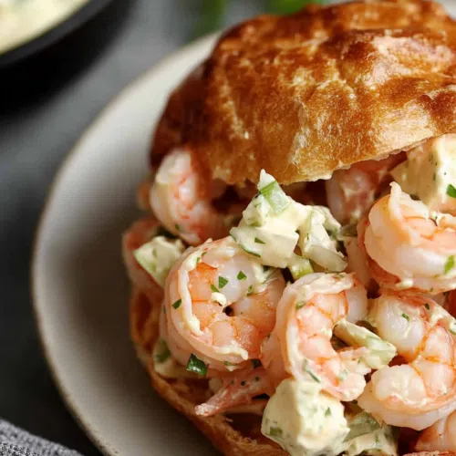 Plump shrimp coated in a creamy, tangy dressing with finely chopped veggies.