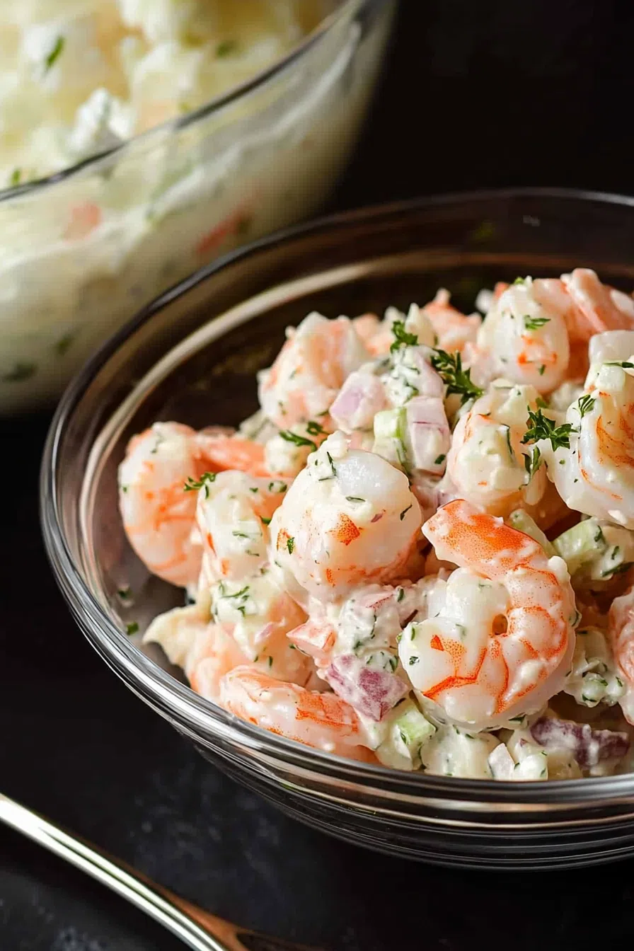 A bowl of shrimp salad, featuring plump shrimp, crisp vegetables, and a sprinkle of Old Bay seasoning.