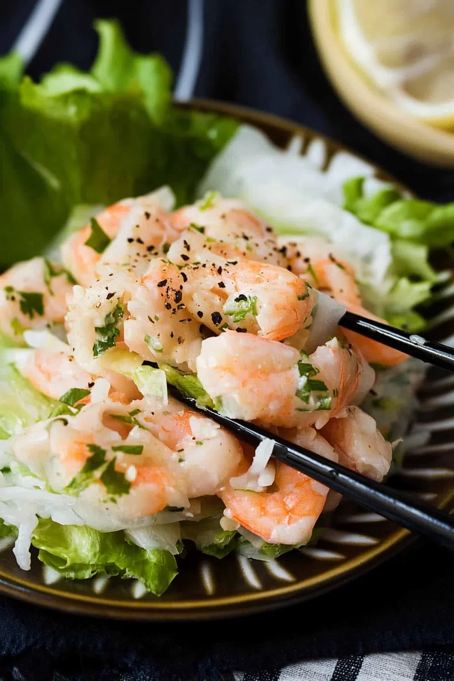 A serving of shrimp salad on a bed of lettuce with a side of lemon wedges.