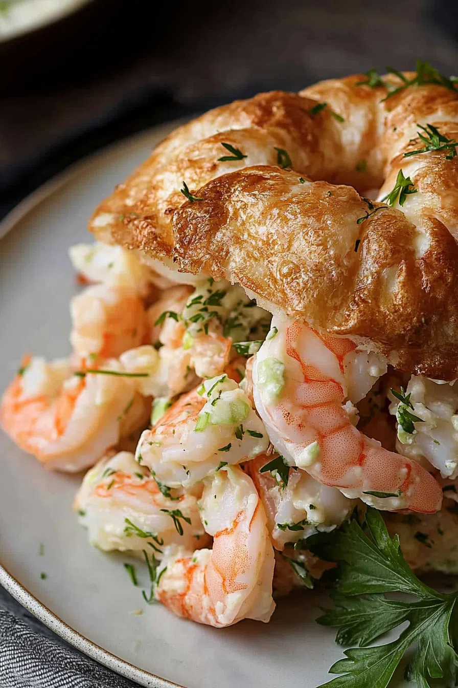 A plated portion of shrimp salad, accompanied by a side of crusty bread and a drizzle of dressing.