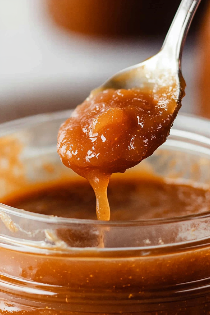 A close-up of a bowl filled with smooth, homemade apple butter.