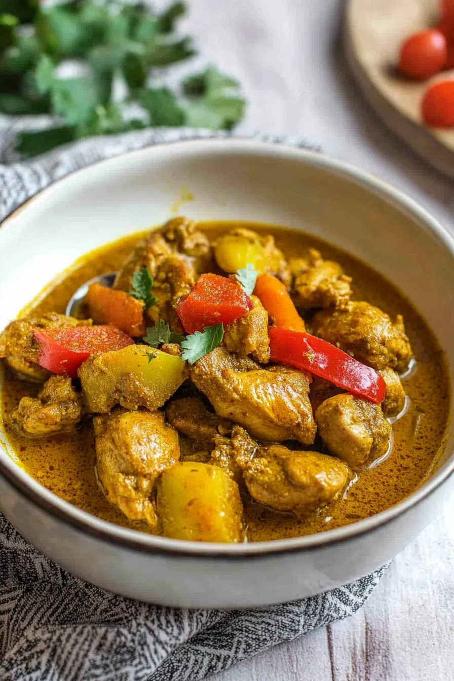 A plate of golden, aromatic curry with tender chicken pieces, garnished with fresh herbs.