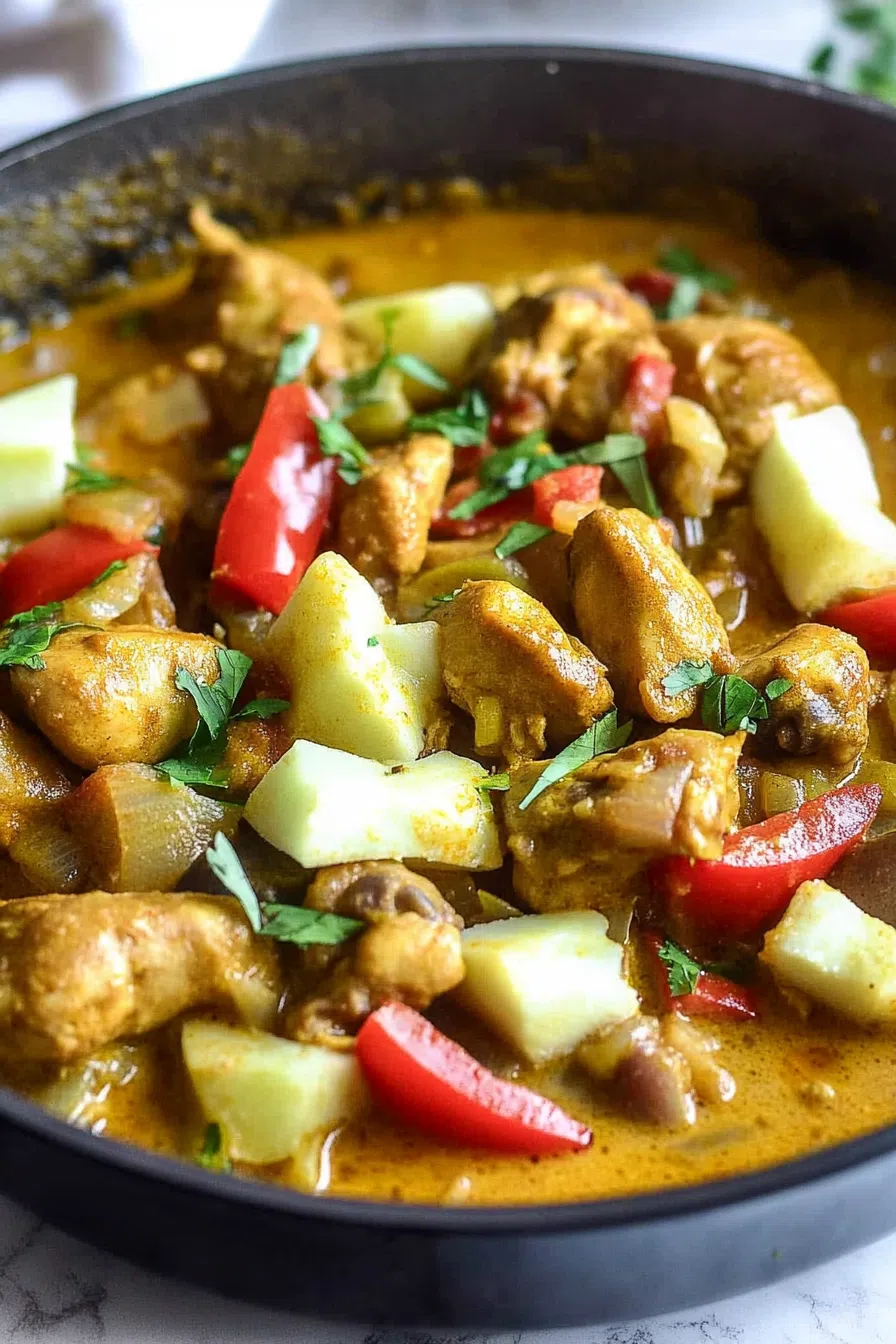 A beautifully plated dish of curry chicken with a drizzle of coconut milk and a wedge of lime.