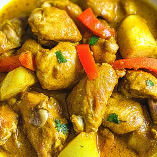 Close-up of the curry chicken showing the tender pieces of chicken in a rich, yellow curry sauce.