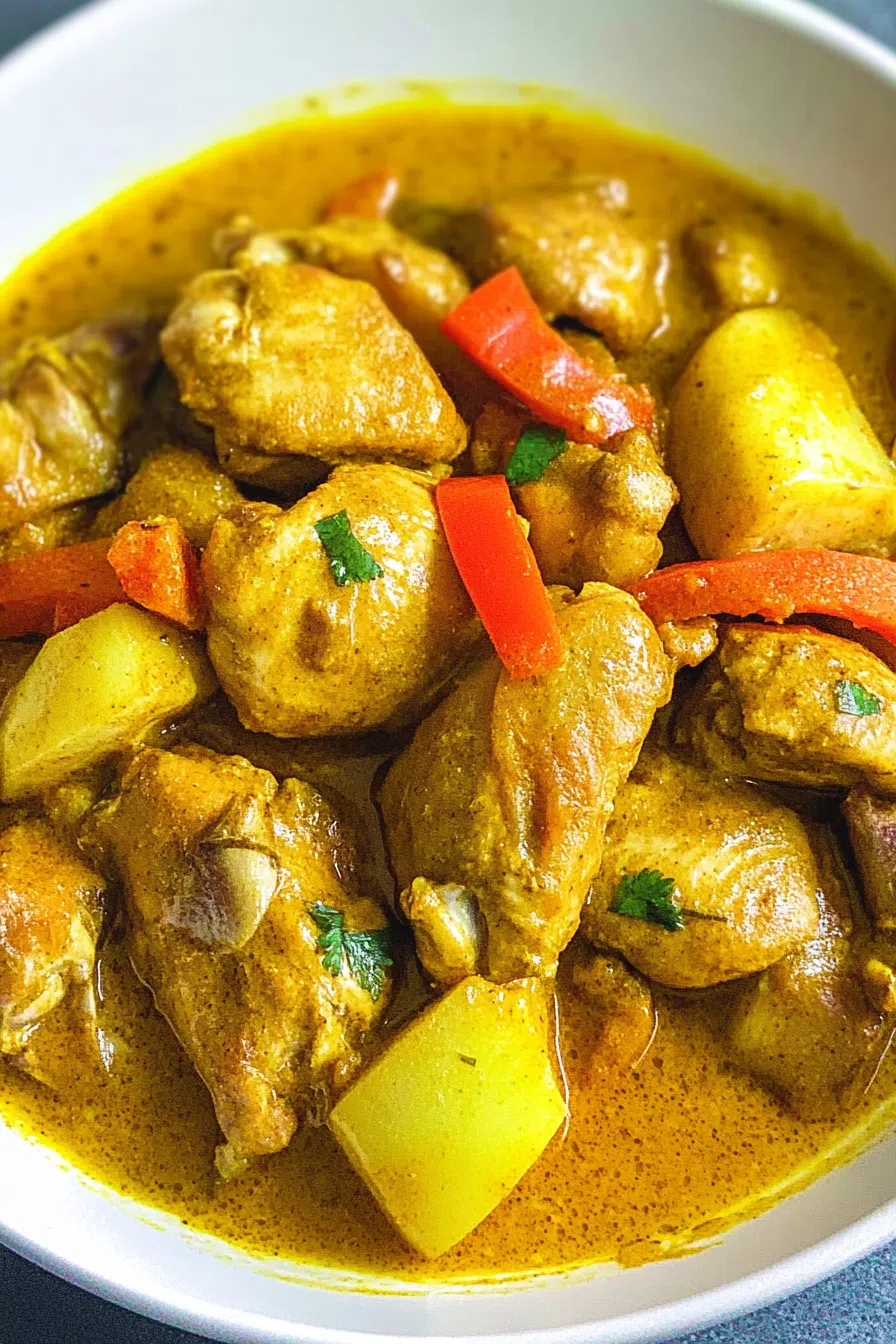 Close-up of the curry chicken showing the tender pieces of chicken in a rich, yellow curry sauce.