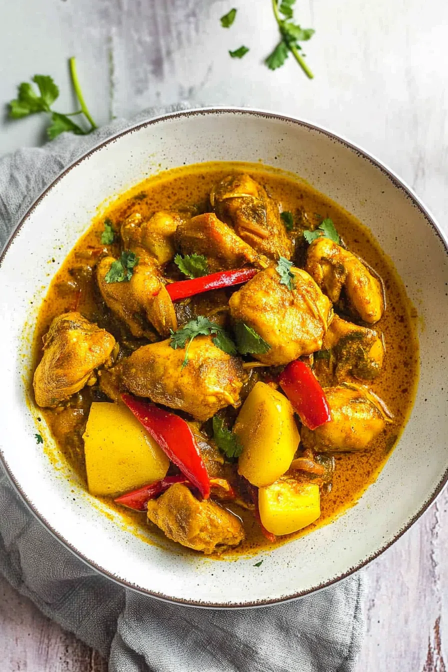 Overhead shot of a bowl of curry chicken with vibrant colors and a sprinkle of chopped green onions.