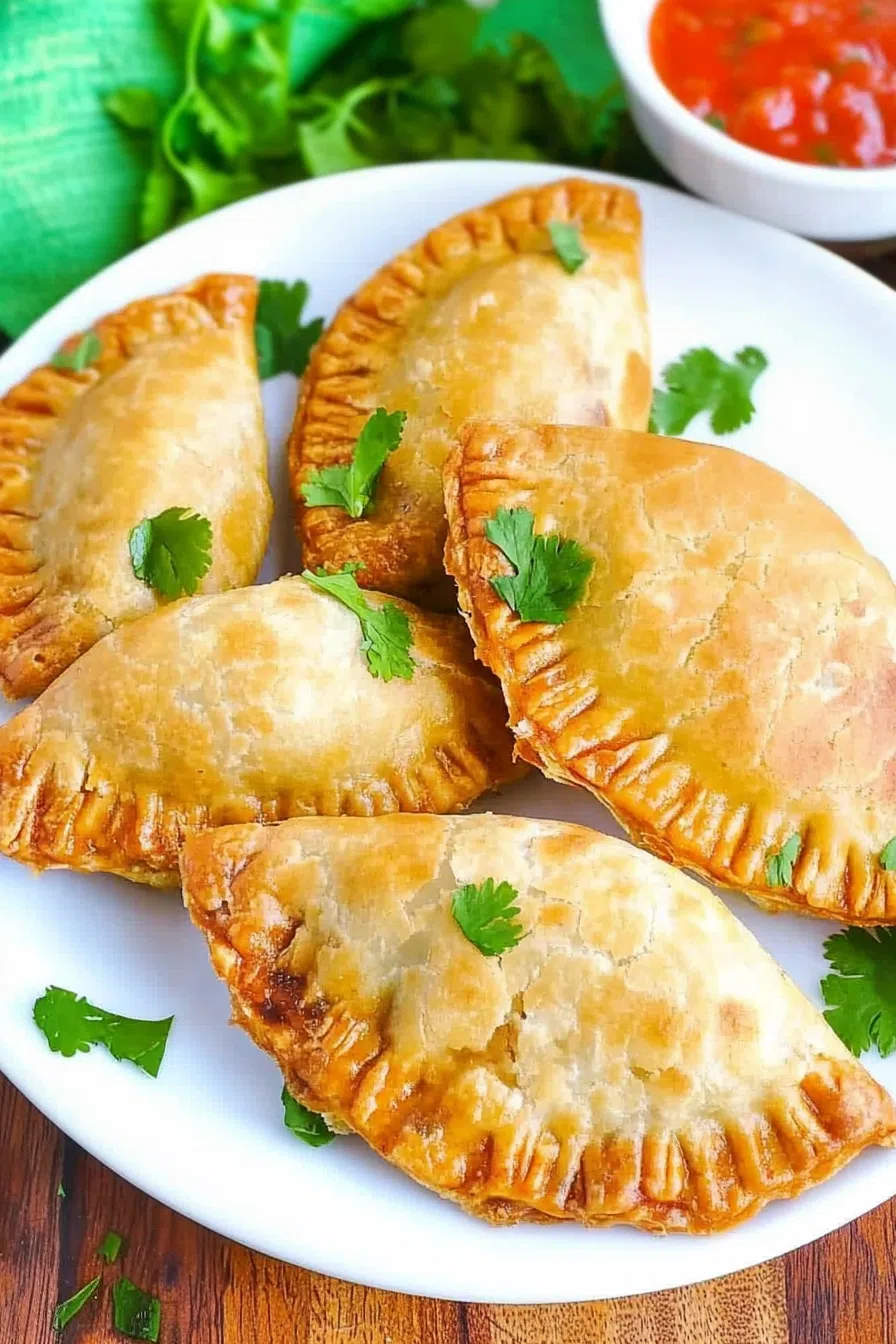 A plate of golden-brown pastelitos filled with savory beef, garnished with fresh cilantro.